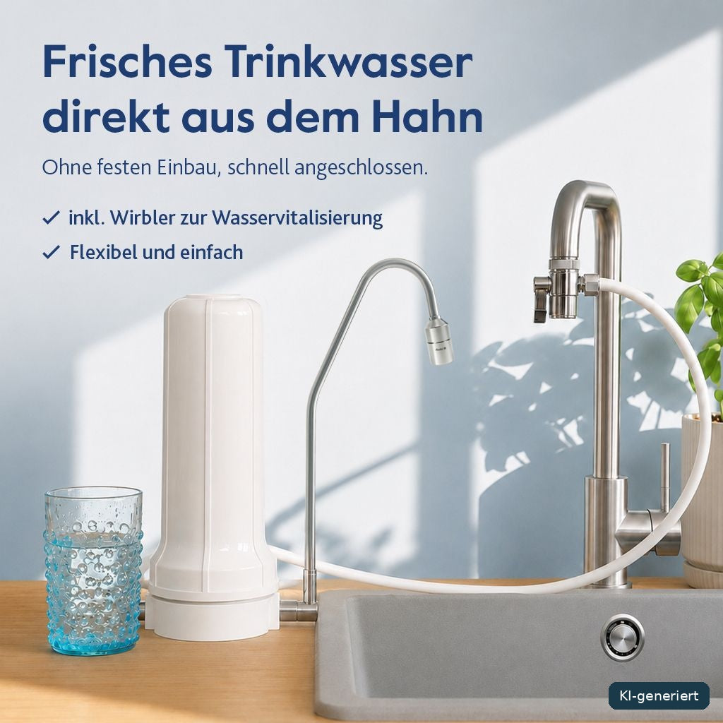 Alvito Auftischfilter Vital mit weißem Filtergehäuse und Edelstahl-Auslaufrohr auf einer Holzarbeitsplatte neben einem Glas Trinkwasser, einer Küchenarmatur mit Umlenkventil und einer Grünpflanze.