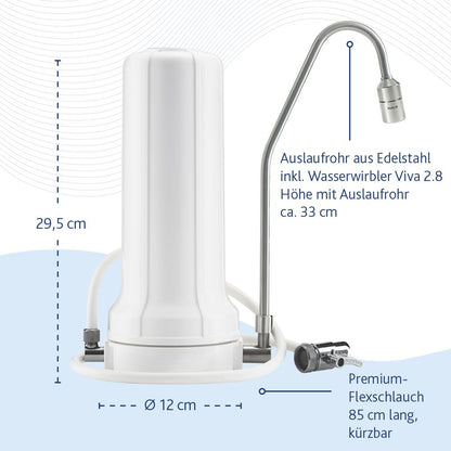 Maßzeichnung des Alvito Auftischfilter Vital mit Höhe 29,5 cm, Durchmesser 12 cm, Edelstahl-Auslaufrohr inklusive Wasserwirbler Viva 2.8 und 85 cm langem Premium-Flexschlauch.