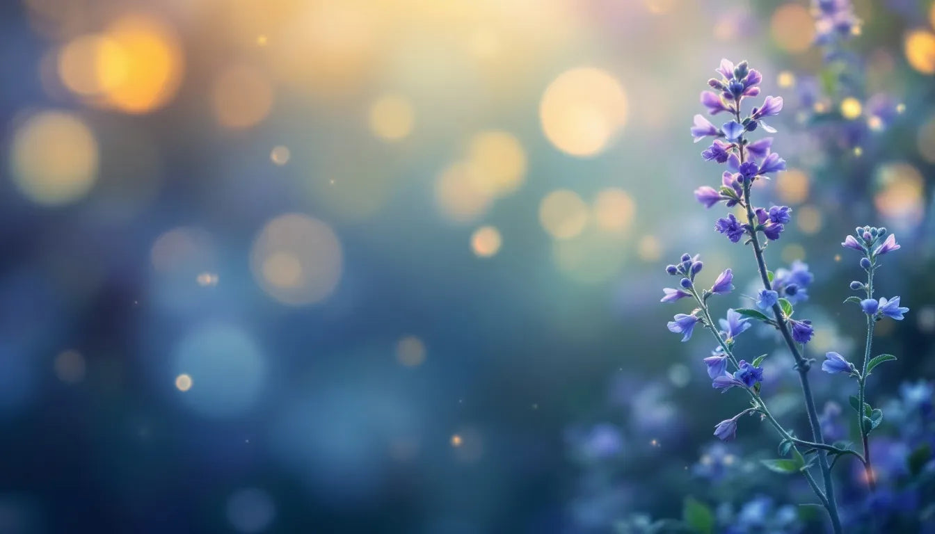 Lila Wildblumen im Fokus auf der rechten Seite, mit einem weichen, verträumten Hintergrund aus blauen und gelben Bokeh-Lichtern, die eine friedliche und ätherische Atmosphäre schaffen.