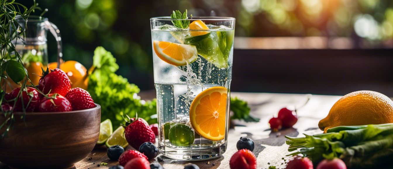 Ein Glas Sprudelwasser mit Zitronen-, Limetten- und Orangenscheiben steht auf einem Tisch, umgeben von frischem Obst und Gemüse, darunter Erdbeeren, Blaubeeren und Grünzeug, in hellem, natürlichem Sonnenlicht.