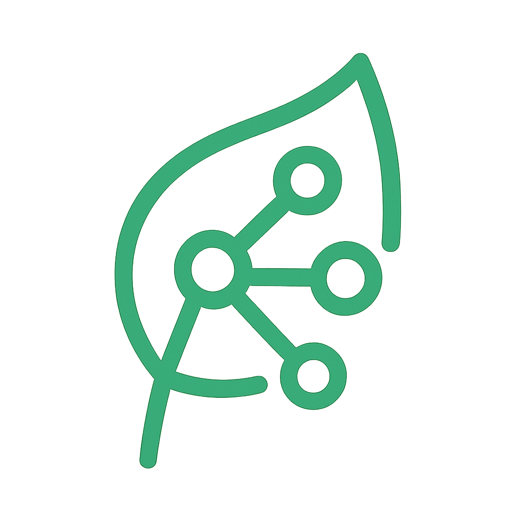 Ein grüner Umriss eines Blattes mit einem Netzwerkdiagramm mit vier verbundenen Kreisen, das die Integration von Technologie und Natur symbolisiert.