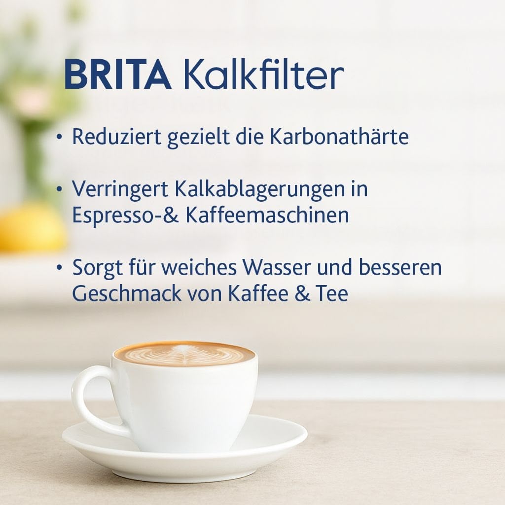 Vorne steht eine Tasse Kaffee auf einer Untertasse. Dahinter steht ein Text: BRITA Purity Quell mit Aufzählungspunkten, die Vorteile wie Kalkschutz, reduzierte Karbonathärte und verbesserten Geschmack für Kaffee und Tee hervorheben.