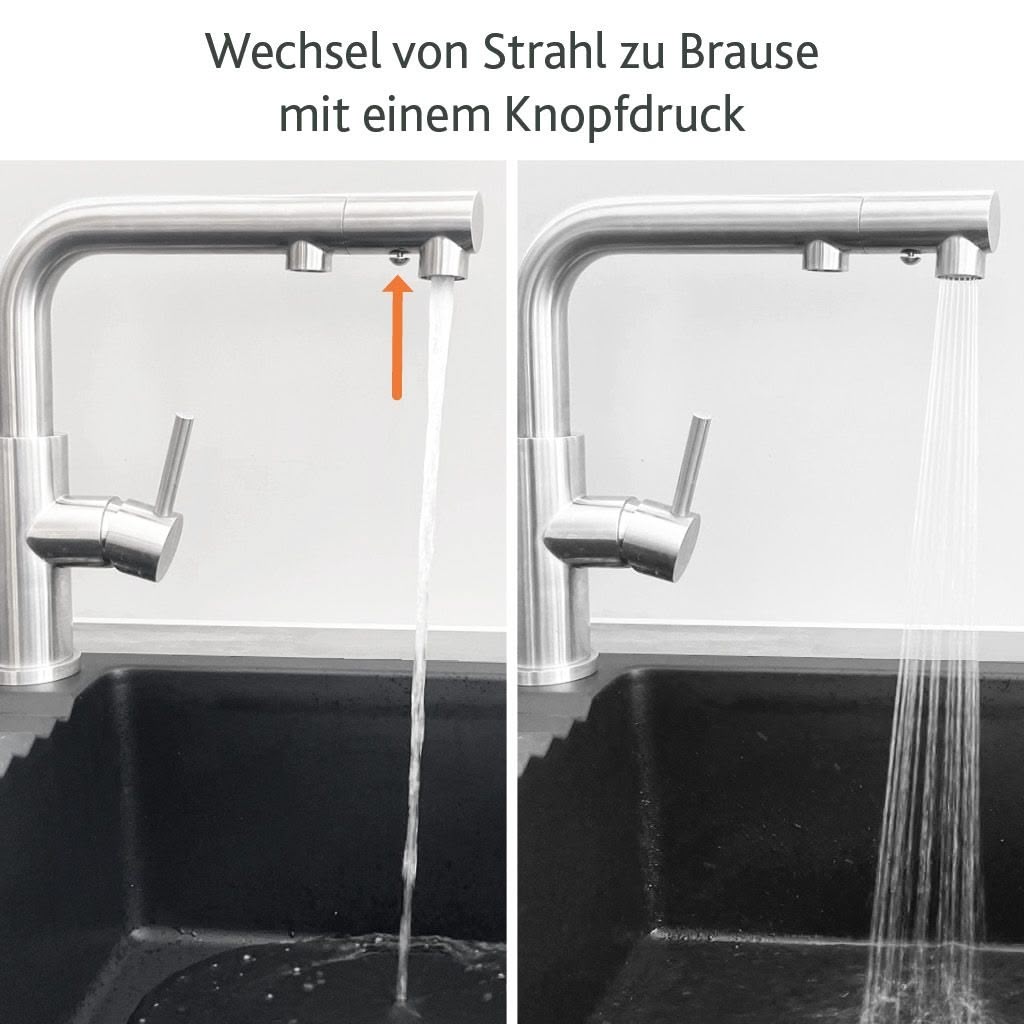 Der Calabro 3-/4-Wege-Wasserhahn aus mattem Edelstahl mit Ausziehbrause ist über einem schwarzen Spülbecken installiert. Dank Knopfdruck wechseln Sie mühelos zwischen normalem Wasserstrahl und Sprühfunktion.