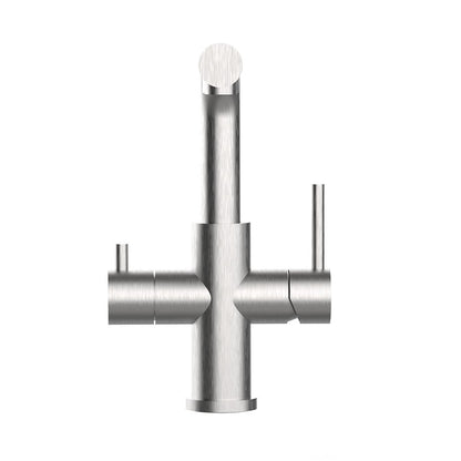 Der Calabro 3/4-Wege-Wasserhahn Edelstahl matt mit Ausziehbrause hat zwei waagerechte Griffe und einen hohen senkrechten Auslauf, dargestellt auf einem schlichten weißen Hintergrund.