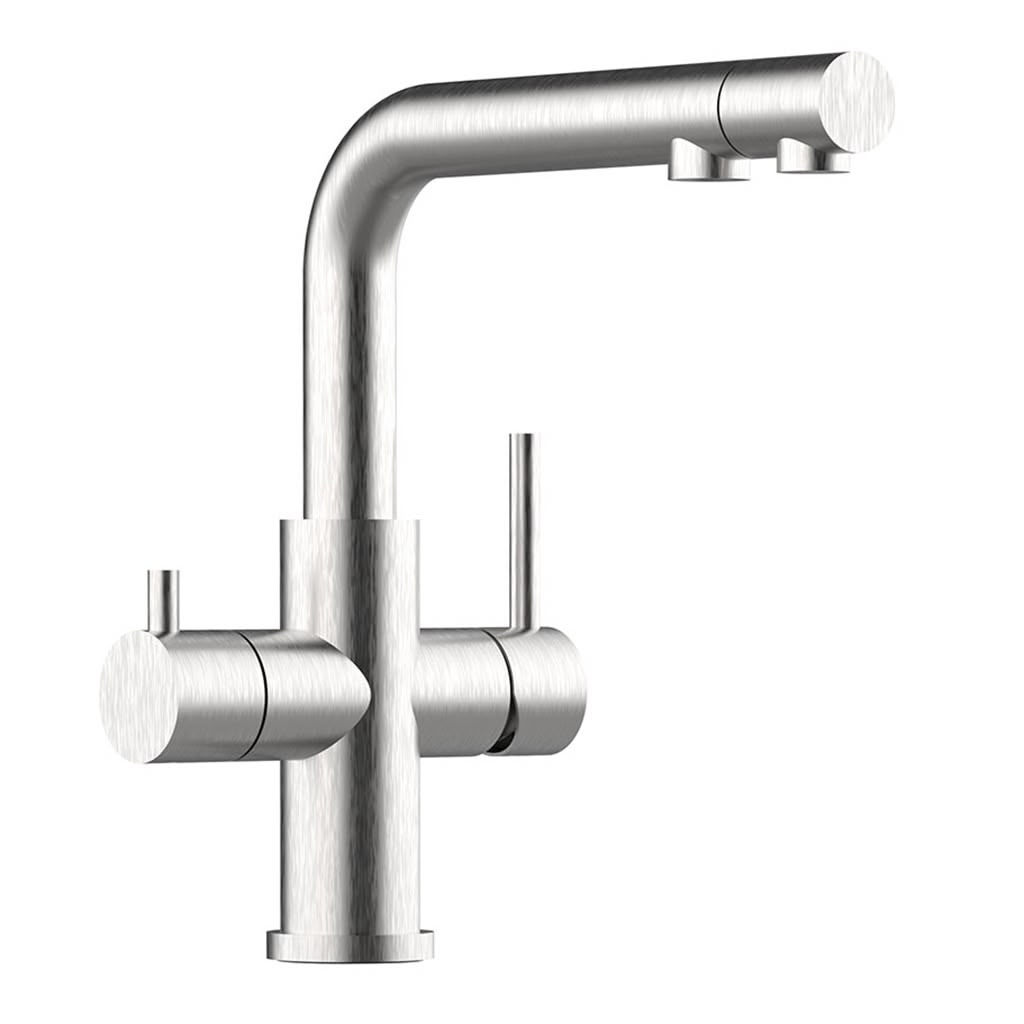 Der Calabro 3/4-Wege-Wasserhahn Edelstahl matt mit Ausziehbrause verfügt über einen modernen, hohen Auslauf, zwei zylindrische Griffe und ein elegantes Design - ideal für moderne Waschbecken.