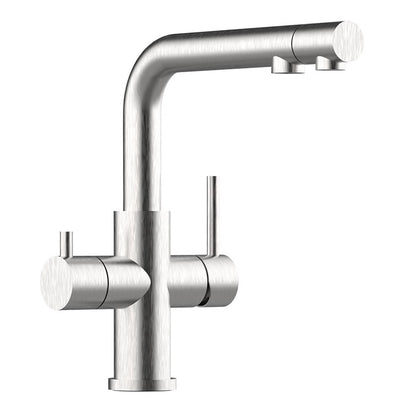 Der Calabro 3/4-Wege-Wasserhahn Edelstahl matt mit Ausziehbrause verfügt über einen modernen, hohen Auslauf, zwei zylindrische Griffe und ein elegantes Design - ideal für moderne Waschbecken.