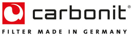 Logo für Carbonit mit einem roten Quadrat mit einer weißen abstrakten Form auf der linken Seite, dem Wort Carbonit in fetten schwarzen Kleinbuchstaben und der Tagline FILTER MADE IN GERMANY darunter.