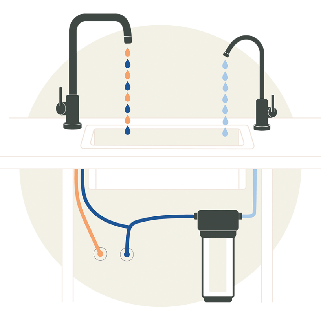 Abbildung einer Küchenspüle mit dem 1-Wege-Hahn Novara INOX Edelstahl Wasserhahn, mit einem Wasserhahn, der blau gefiltertes Wasser aus einem Untertischfiltersystem ausgibt, das mit farbigen Rohren verbunden ist.