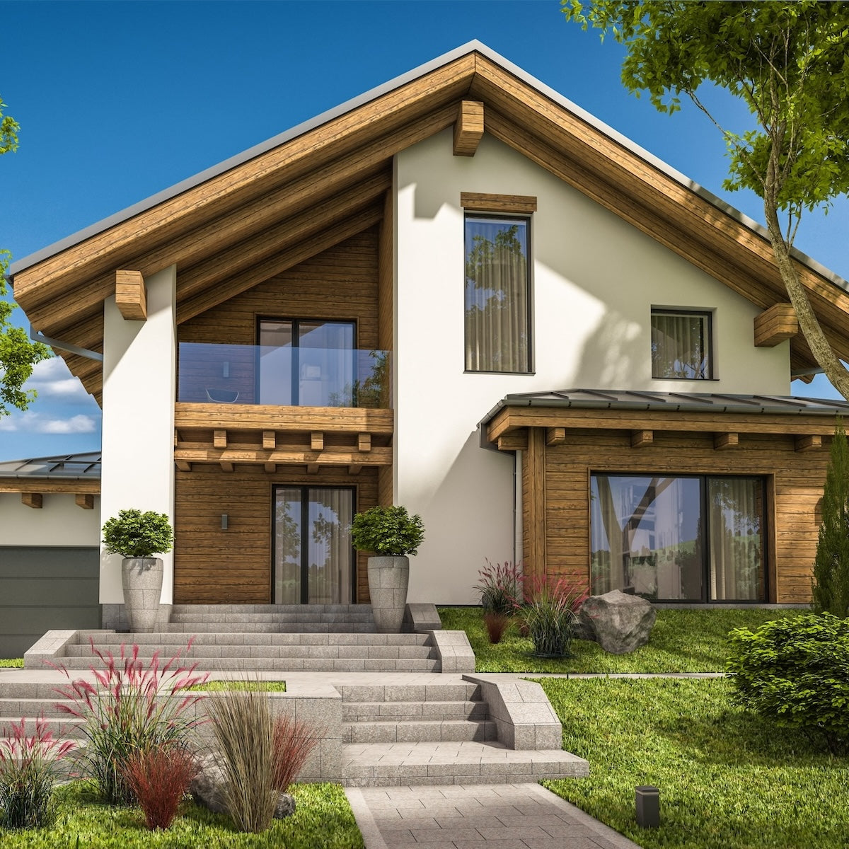 Modernes zweistöckiges Haus mit Schrägdach, weißen Wänden und Holzakzenten. Die Vorderseite bietet große Fenster, einen Balkon, Topfpflanzen und eine begrünte Treppe, die zum Eingang führt. Üppiges Grün umgibt das Haus.