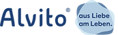 Logo mit dem Wort Alvito in dunkelblauer Schrift. Rechts daneben steht in deutscher Sprache "Aus Liebe am Leben" in einem hellblauen, unregelmäßig geformten Hintergrund.