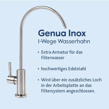 Ein silberner Edelstahl-Wasserhahn mit hohem Auslauf und seitlichem Hebel - perfekt für das Alvito Untertisch-Wasserfilter-Set Split Pro, kompatibel mit Untertisch-Wasserfilter oder Aktivkohle-Blockfilter.