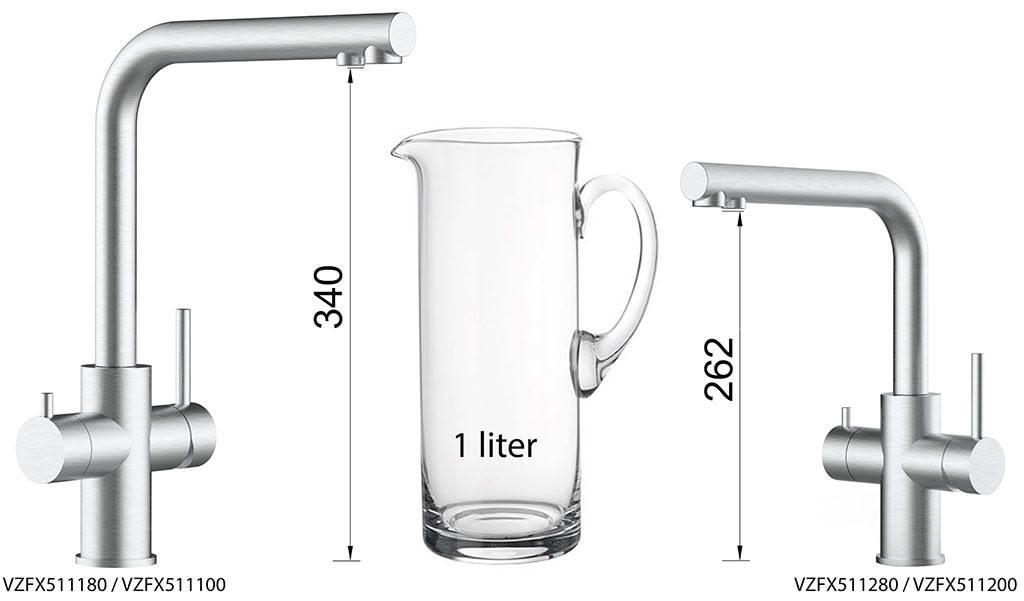 Drei Lago 5-Wege-Wasserhähne Edelstahl matt gebürstet für gefiltertes Wasser - einer mit 340 mm (links), einer mit 262 mm (rechts) - sowie ein 1-Liter-Krug aus Klarglas. Darunter steht die Modellnummer der jeweiligen Armatur.