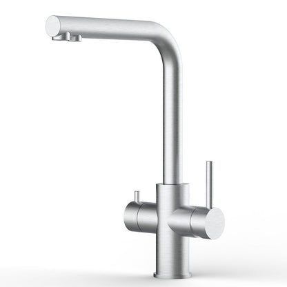 Der Lago 5-Wege-Wasserhahn Edelstahl matt gebürstet - hohe Variante verfügt über einen hohen Auslauf, einen Einhebel, eine seitliche Bedienung und liefert gefiltertes Wasser - formschön präsentiert vor einem strahlend weißen Hintergrund.