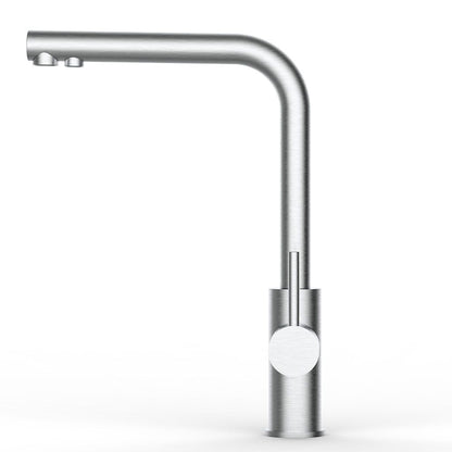 Der Lago 5-Wege-Wasserhahn Edelstahl matt gebürstet - hohe Variante ist eine moderne Küchenarmatur mit hohem, rechtwinkligem Auslauf und Einhebelgriff, ideal für die stilvolle Abgabe von gefiltertem Wasser auf weißem Grund.