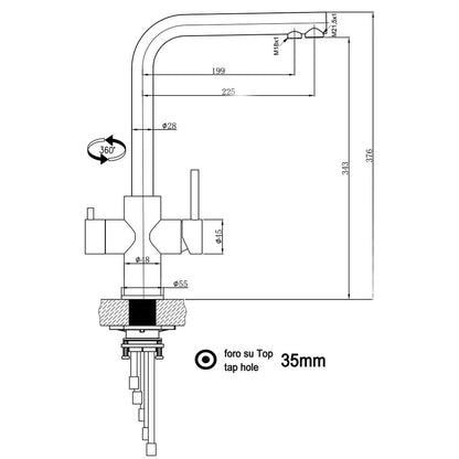 Technische Zeichnung des Lago 5-Wege-Wasserhahns Edelstahl matt gebürstet - hohe Variante, mit 318 mm Auslaufhöhe, 199 mm Ausladung, 55,5 mm Sockel, 35 mm Hahnloch, 360° schwenkbar und 5-Wege-Filterwasser-Kompatibilität.