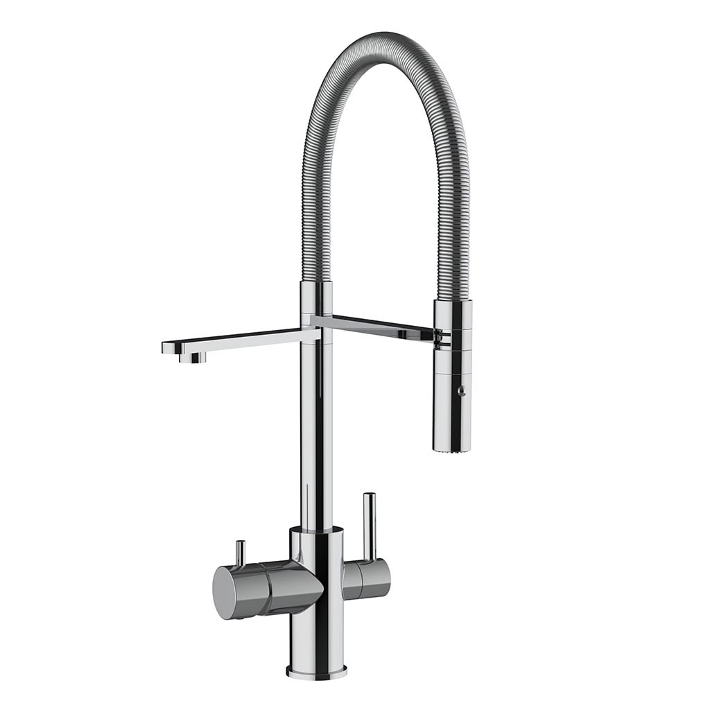 Der Levanto NEO - 4-Wege-Niederdruck-Wasserhahn Chrom für Wasserfilter ist eine moderne, verchromte Küchenarmatur mit einem hohen, geschwungenen Auslauf, zwei Griffen für Heiß- und Kaltwasser und Kompatibilität mit einem Untertisch-Wasserfilter.