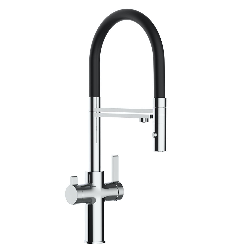 Der Levanto NEO 3-Wege-Wasserhahn Chrom schwarz ist eine moderne Küchenarmatur mit einem hohen, geschwungenen schwarzen Auslauf, einem verchromten Gehäuse, einem Einhebelgriff und einem zusätzlichen horizontalen Hebel auf weißem Grund.