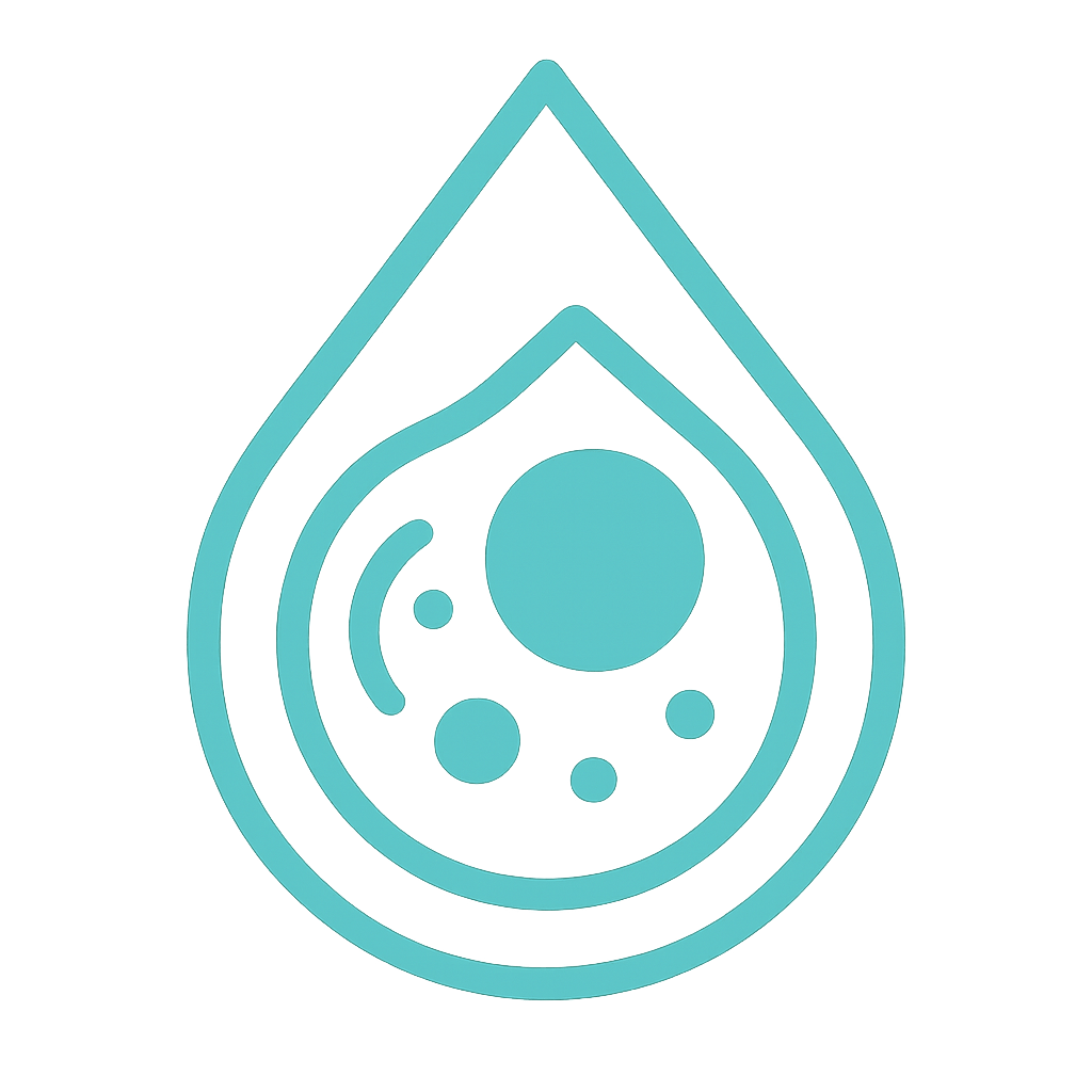 Ein türkisfarbener Umriss eines Wassertropfens mit verschiedenen Kreisen und geschwungenen Linien, die eine stilisierte Darstellung von Zellen oder mikroskopischen Organismen im Inneren des Tropfens andeuten. Der Hintergrund ist weiß.
