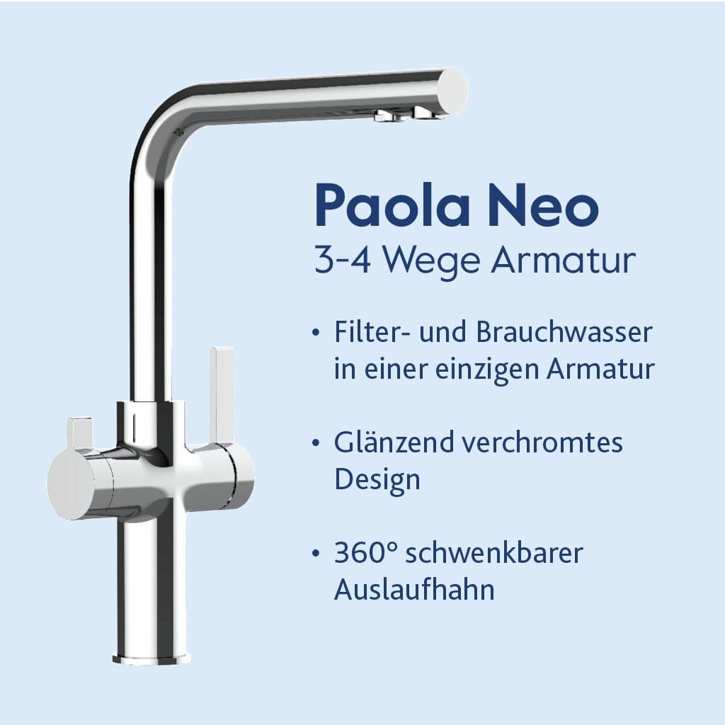 Die moderne, verchromte Küchenarmatur Paola Neo verfügt über 3-4 Wasserdurchflussoptionen, ein glänzendes Design, einen um 360° schwenkbaren Auslauf und ist mit dem Alvito Untertisch-Wasserfilter-Set Integral Complete für gefiltertes Trinkwasser kompatibel.