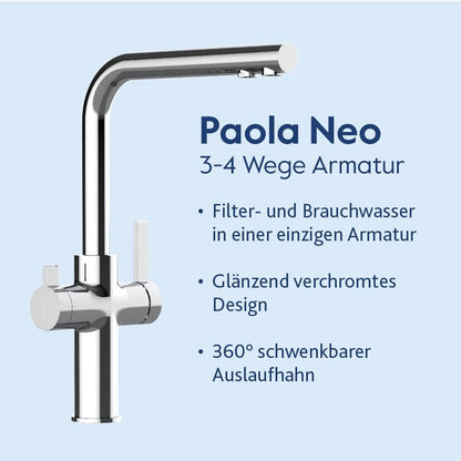 Die moderne, verchromte Küchenarmatur Paola Neo verfügt über 3-4 Wasserdurchflussoptionen, ein glänzendes Design, einen um 360° schwenkbaren Auslauf und ist mit dem Alvito Untertisch-Wasserfilter-Set Integral Complete für gefiltertes Trinkwasser kompatibel.