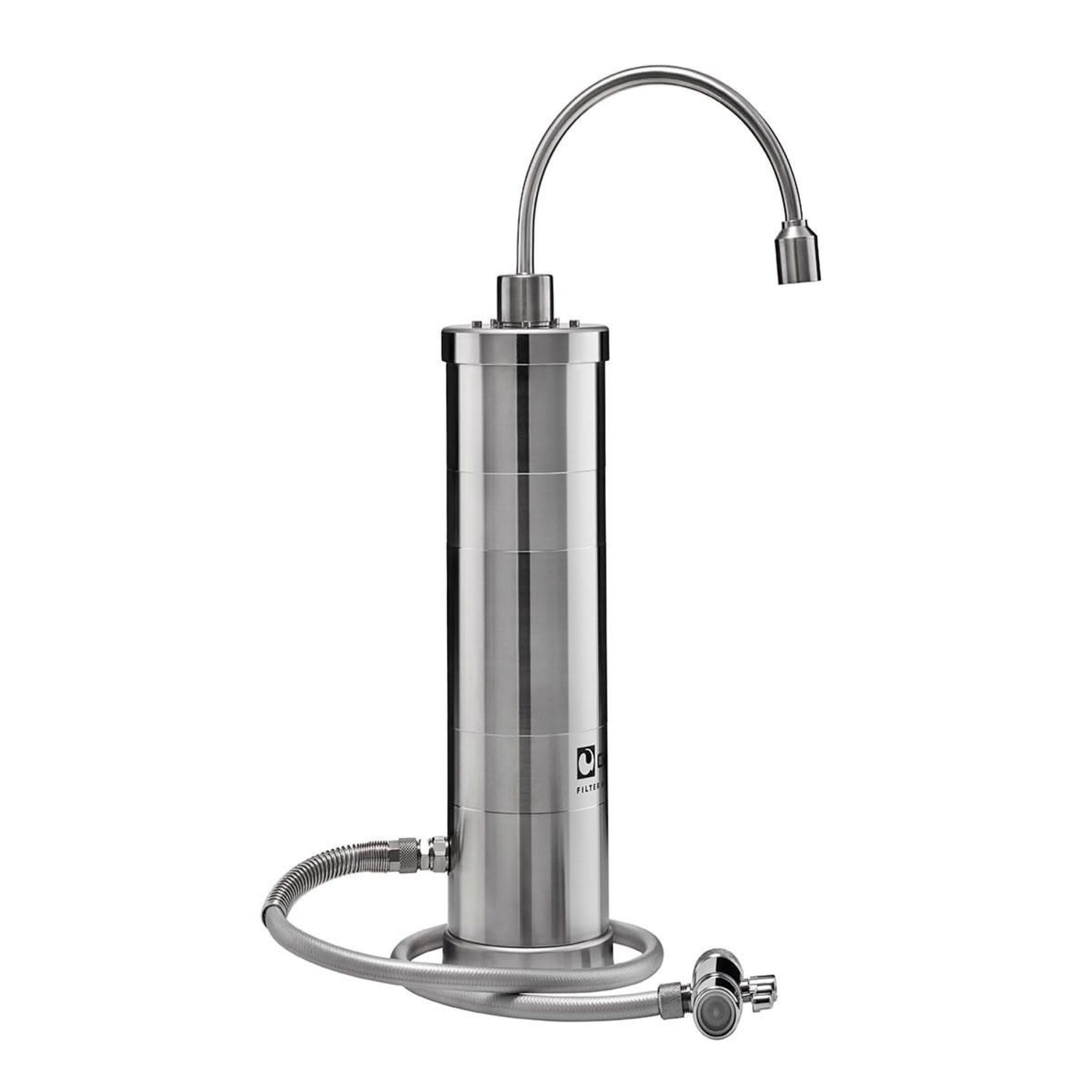 Der Carbonit SANUNO Inox F Edelstahl Auftisch-Wasserfilter mit NFP Premium, mit flexiblem Metallschlauch, gebogenem Auslauf und Wasserhahnadapter, ist in seinem robusten Edelstahlgehäuse auf weißem Hintergrund abgebildet.