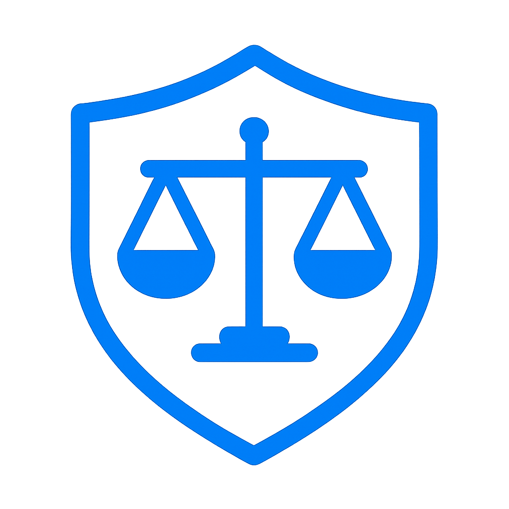 Ein blauer Umriss eines Schildes mit einem ausgewogenen Gerechtigkeitssymbol im Inneren, das Recht, Schutz oder Fairness darstellt, auf einem hellgrauen Hintergrund.