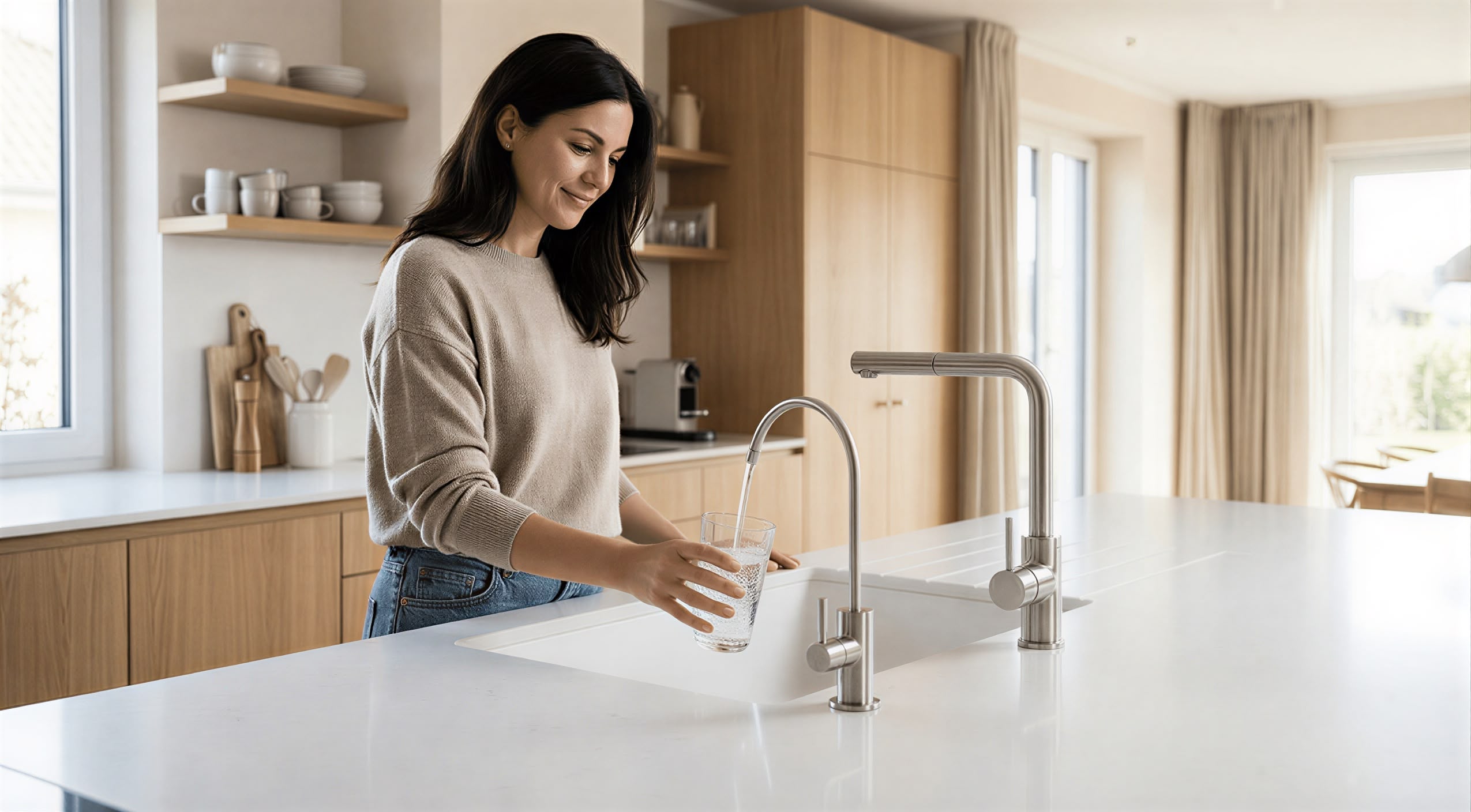 Eine Frau steht in einer modernen Küche und füllt ein Glas mit Wasser aus einem Wasserhahn auf einer weißen Arbeitsplatte. Im Hintergrund sind hölzerne Schränke, offene Regale mit Geschirr und große Fenster zu sehen.