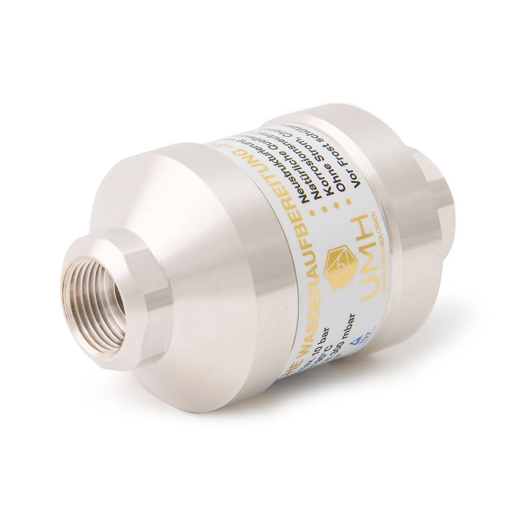 Der UMH Pure Rhodium ist ein zylindrischer Wasserfilter aus Metall mit Gewinde und einem beschrifteten Logo, das speziell für die Wasserenergetisierung entwickelt wurde und auf weißem Hintergrund abgebildet ist.