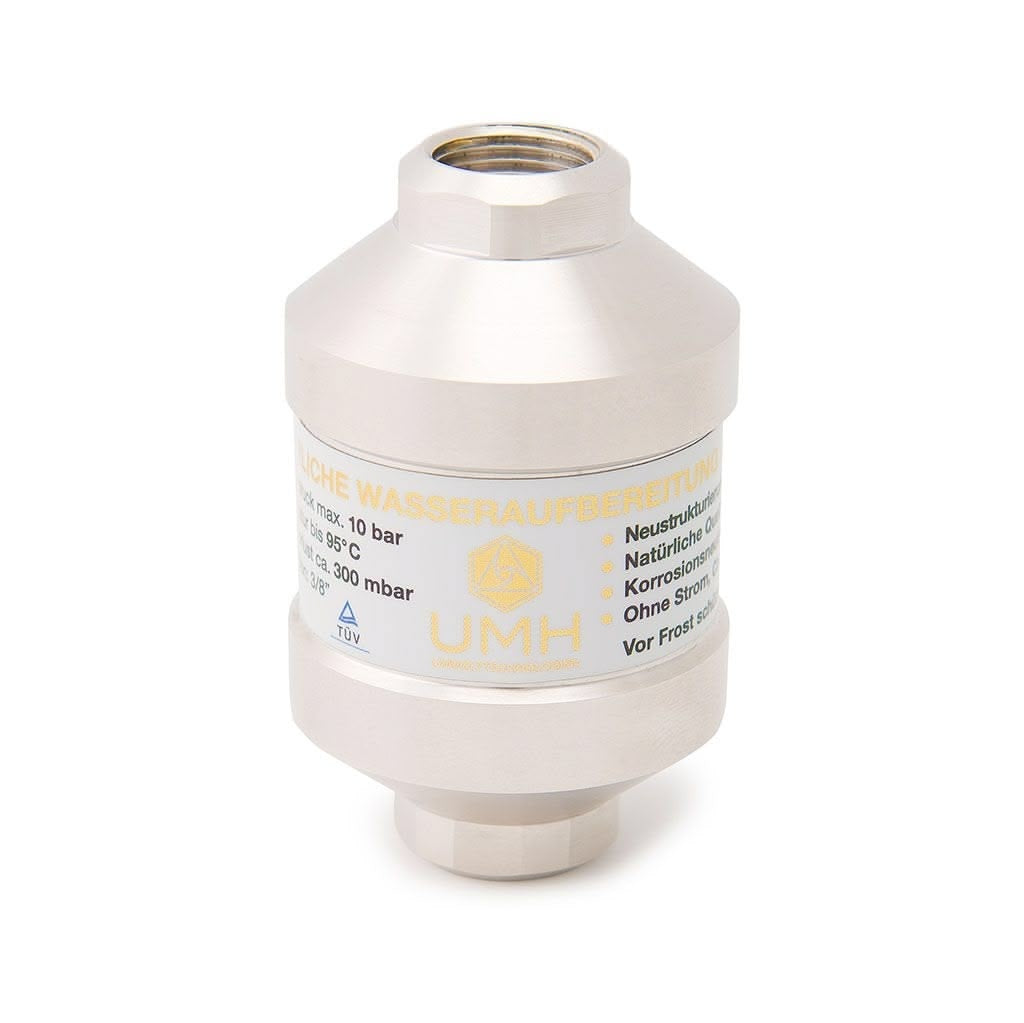 Der UMH Pure Rhodium ist ein zylindrisches Wasseraufbereitungsgerät mit Gewindeanschlüssen an beiden Enden, einer gebürsteten Metalloberfläche und deutschen Spezifikationen für eine effektive Wasserenergetisierung.