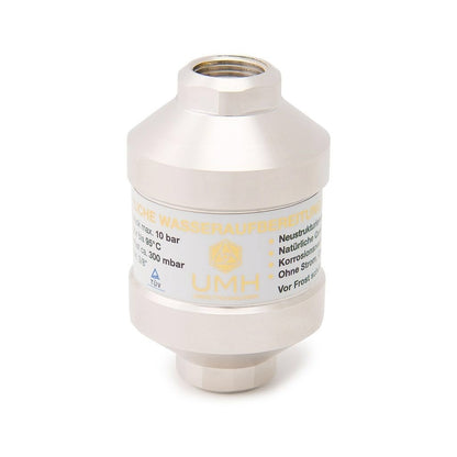 Der UMH Pure Rhodium ist ein zylindrisches Wasseraufbereitungsgerät mit Gewindeanschlüssen an beiden Enden, einer gebürsteten Metalloberfläche und deutschen Spezifikationen für eine effektive Wasserenergetisierung.