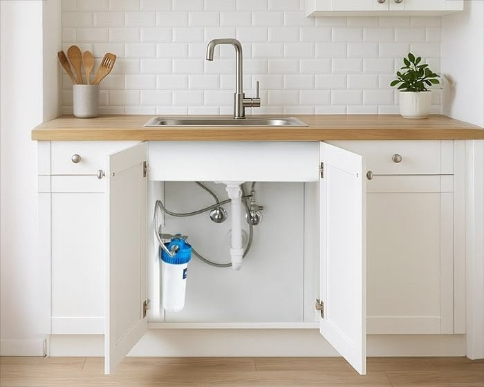Eine moderne Küchenspüle mit offenen Schranktüren, die Wasserleitungen und ein unter der Spüle installiertes Wasserfiltersystem zeigen. Weiße Schränke, eine Arbeitsplatte aus Holz und eine Topfpflanze stehen auf dem Tresen.