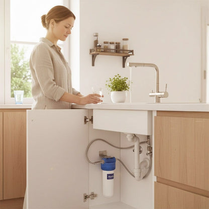 Eine Frau steht in einer hellen Küche und füllt ein Glas Wasser am Spülbecken. Im offenen Schrank darunter ist ein Alvito Untertisch-Wasserfilter-Set Integral Pro zur effektiven Wasserbelebung installiert.