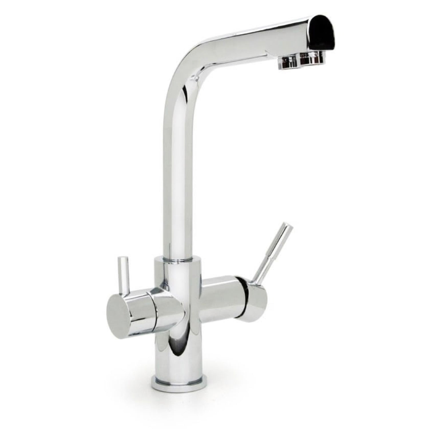 Der Verona 3-Wege-Wasserhahn Chrom für Wasserfilter ist eine moderne Küchenarmatur mit einem hohen, geschwungenen Auslauf und zwei seitlichen Griffen für Warm- und Kaltwasser - perfekt für die Integration eines Wasserfiltersystems.