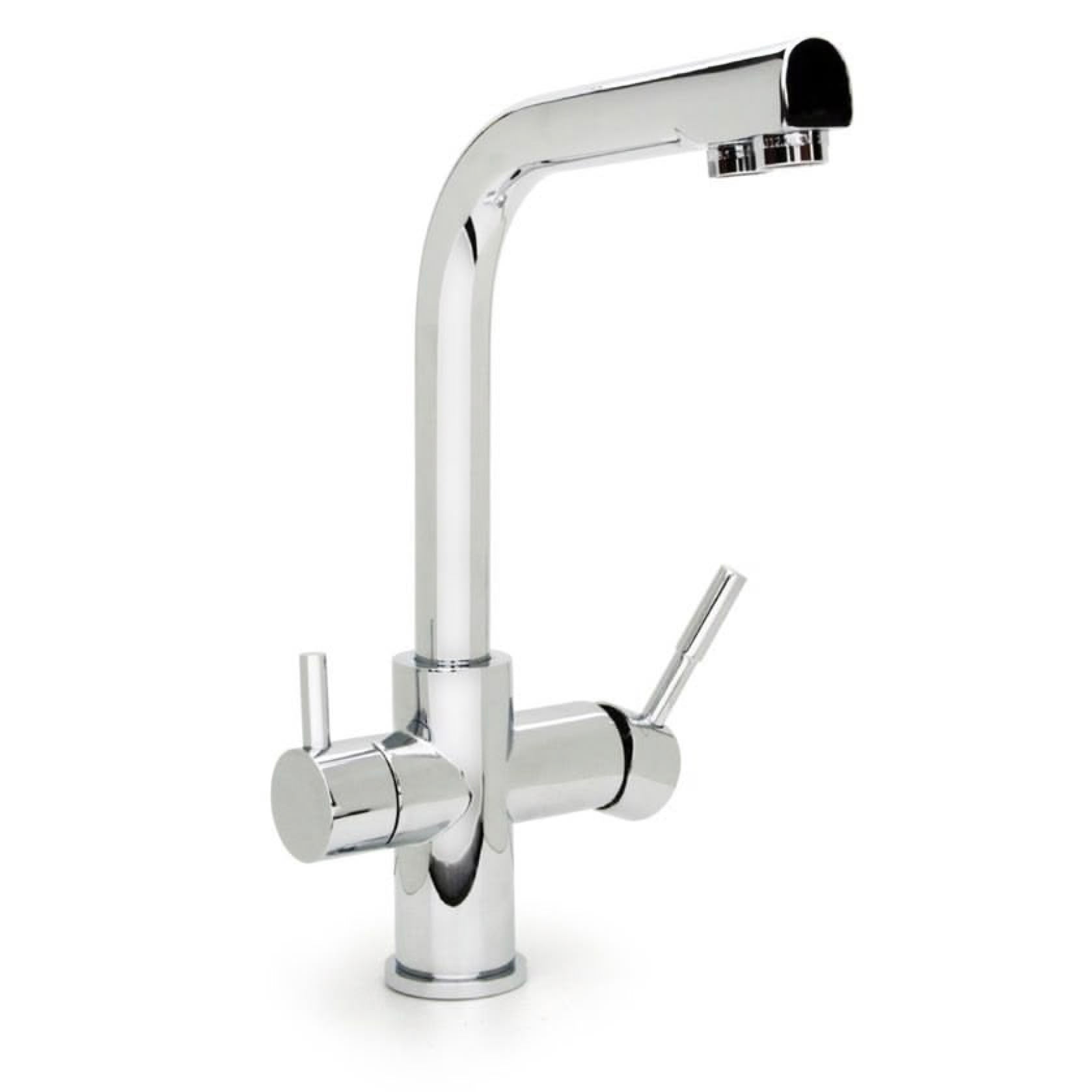 Der Verona 3-Wege-Wasserhahn Chrom für Wasserfilter ist eine moderne Küchenarmatur mit einem hohen, geschwungenen Auslauf und zwei seitlichen Griffen für Warm- und Kaltwasser - perfekt für die Integration eines Wasserfiltersystems.