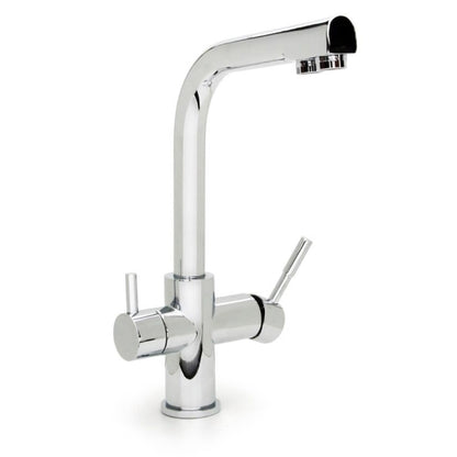 Der Verona 3-Wege-Wasserhahn Chrom für Wasserfilter ist eine moderne Küchenarmatur mit einem hohen, geschwungenen Auslauf und zwei seitlichen Griffen für Warm- und Kaltwasser - perfekt für die Integration eines Wasserfiltersystems.