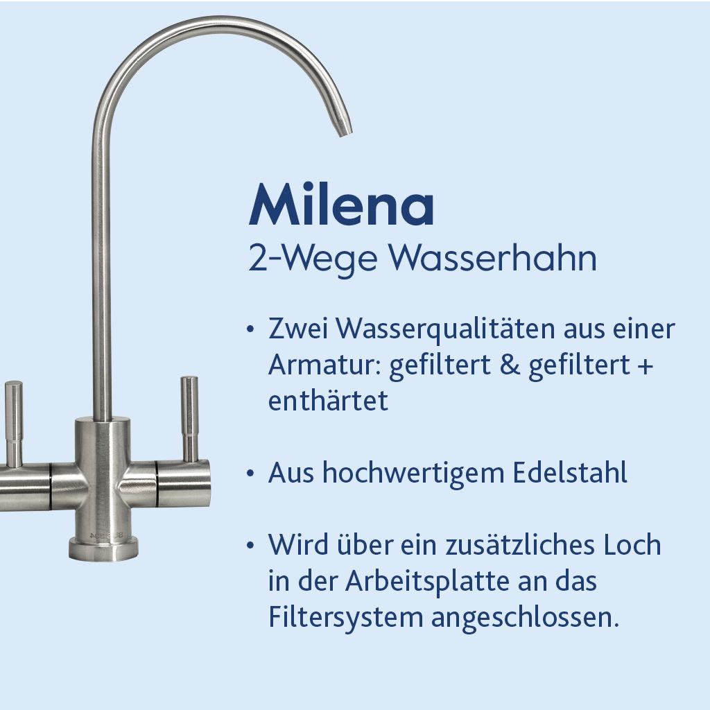 Bild des Alvito Untertisch-Wasserfilter-Set Split Complete, einer 2-Wege-Edelstahl-Küchenarmatur mit zwei Hebeln für gefiltertes und enthärtetes Wasser. Hergestellt aus hochwertigem Edelstahl; erfordert ein zusätzliches Loch für die Filterinstallation.