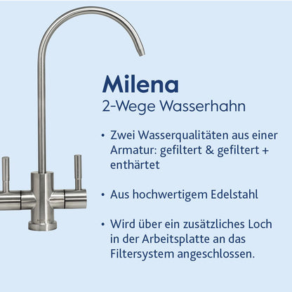 Bild des Alvito Untertisch-Wasserfilter-Set Split Complete, einer 2-Wege-Edelstahl-Küchenarmatur mit zwei Hebeln für gefiltertes und enthärtetes Wasser. Hergestellt aus hochwertigem Edelstahl; erfordert ein zusätzliches Loch für die Filterinstallation.
