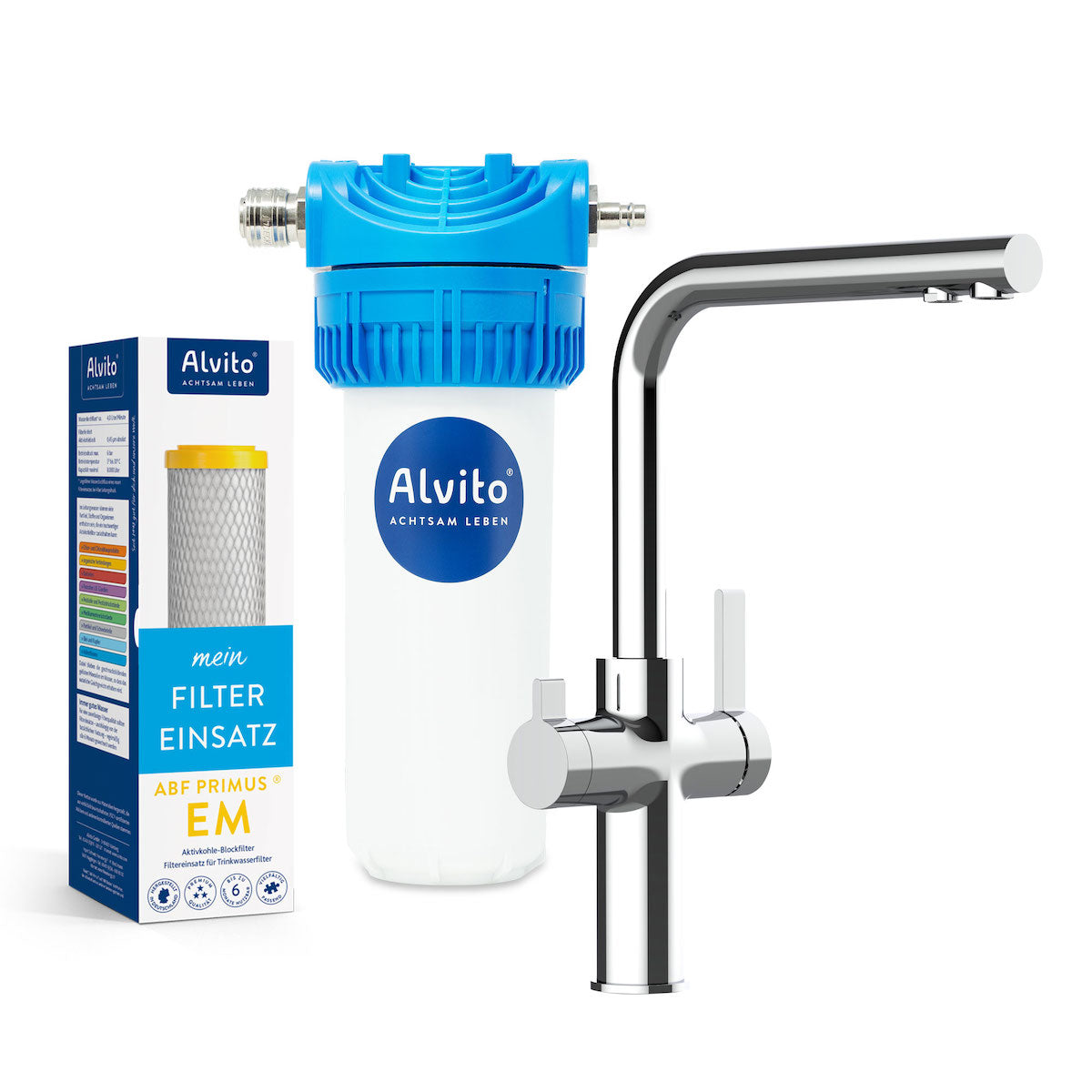 Alvito Wasserfilter COMFORT | 3-Wege-Wasserhahn | ABF Primus EM Aktivkohle-Blockfilter 