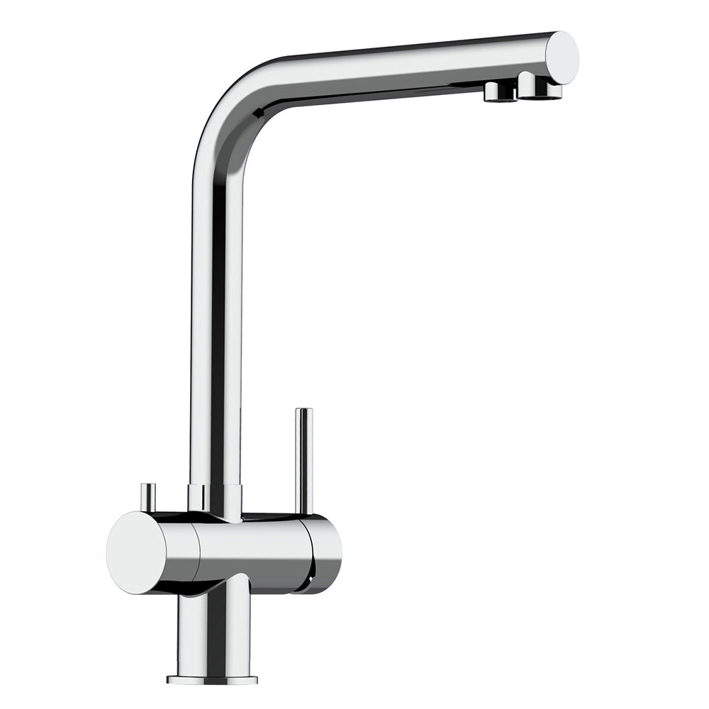 Der Atessa 3-Wege-Wasserhahn Edelstahl ist eine moderne Küchenarmatur aus Edelstahl mit hohem, eckigem Auslauf und Einhebelgriff, isoliert auf weißem Hintergrund dargestellt.