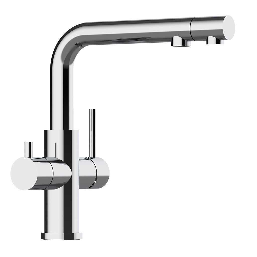 Der Calabro 3/4-Wege-Wasserhahn Edelstahl mit Ausziehbrause zeichnet sich durch einen modernen, hohen, eckigen Auslauf und zwei zylindrische Griffe aus, die isoliert auf einem weißen Hintergrund dargestellt sind.