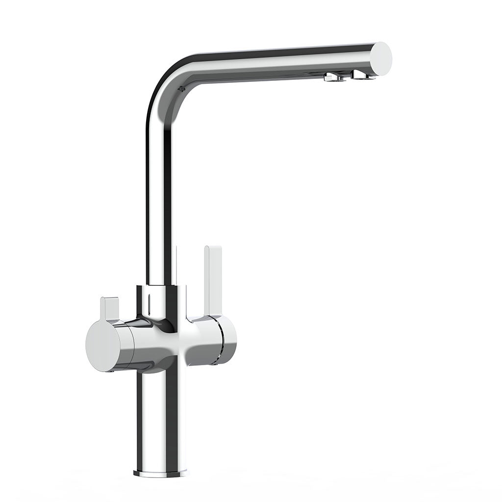 Die Paola NEO 3-Wege-Wasserhahn Chrom ist eine moderne Armatur mit zwei Griffen und einem hohen, eckigen Auslauf, ideal für moderne Waschbecken.