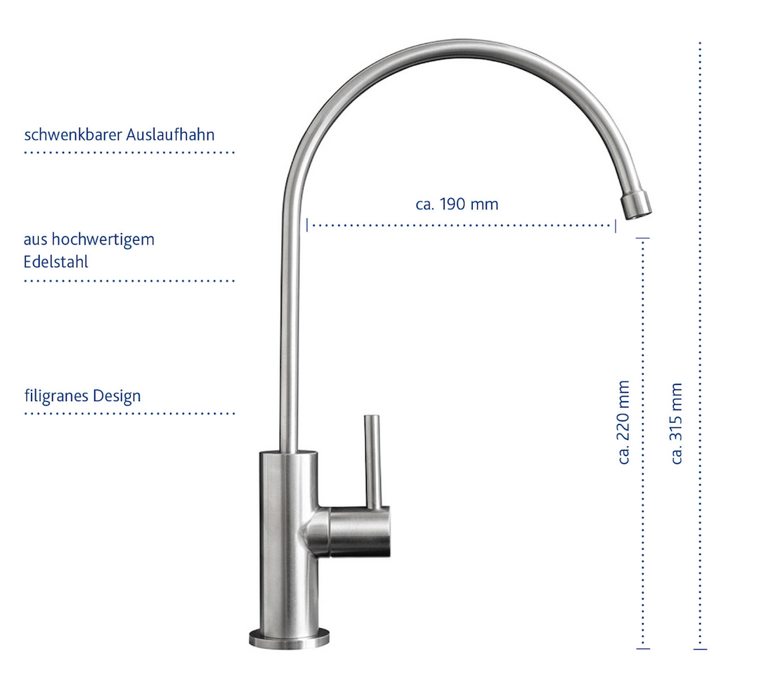 Design-Wasserhahn Trento mit Abmessungen